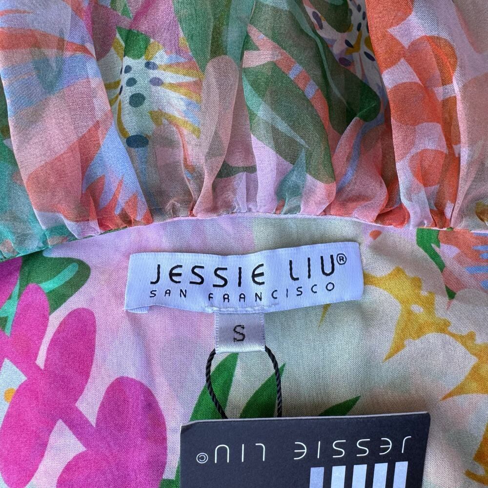 Jessie Liu Silk Summer Floral Tiered Ruffled Midi Dress Resort Pink NWT Small - Picture 9 of 9